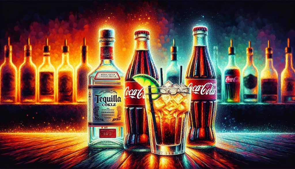 A vibrant display of tequila and Coca-Cola bottles alongside a freshly mixed Batanga cocktail.