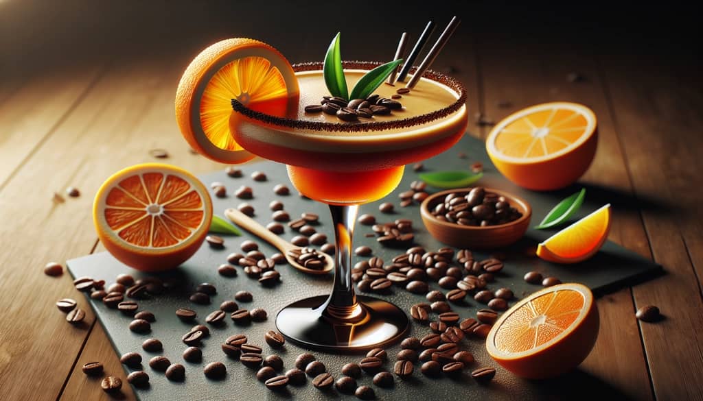 A vibrant Espresso Orange Margarita showcasing the blend of coffee and citrus flavors in a stylish cocktail glass