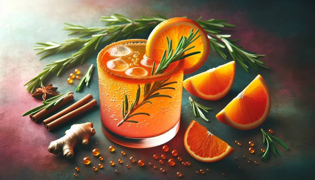 A vibrant Ginger Citrus Fizz drink with a fresh orange slice and rosemary sprig garnish.