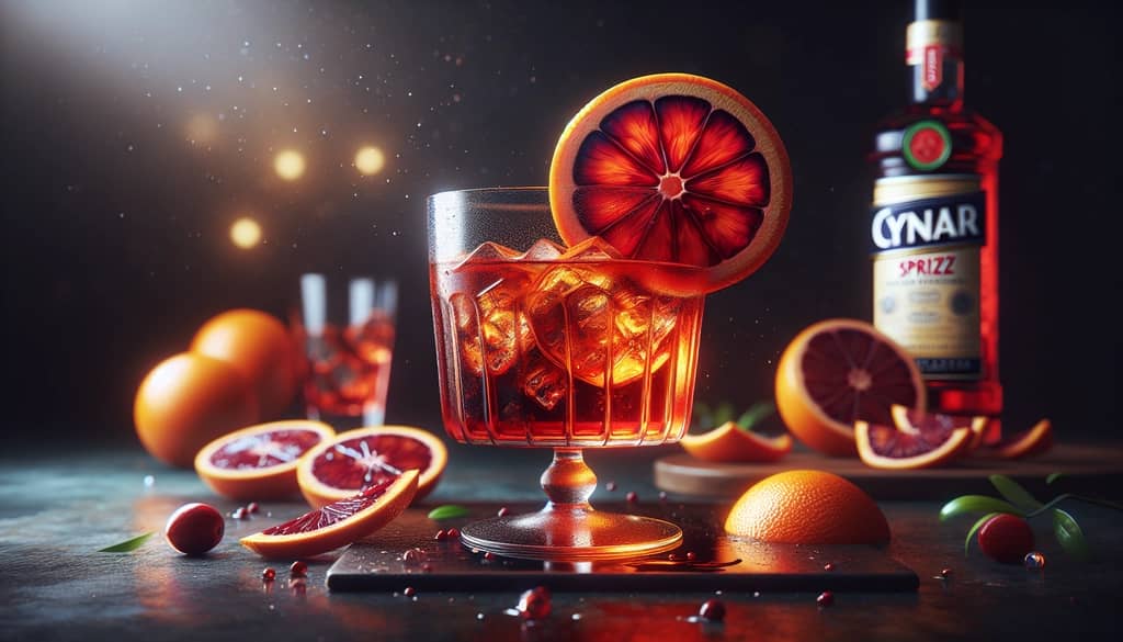 A vibrant glass of Fruity Cynar Spritz garnished with blood orange, showcasing the essence of the cocktail.