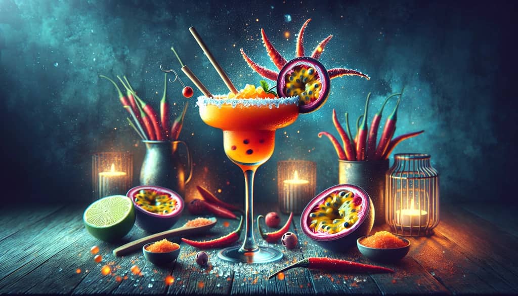 A vibrant glass of spicy passion fruit margarita garnished with chili salt, highlighting its fiery appeal