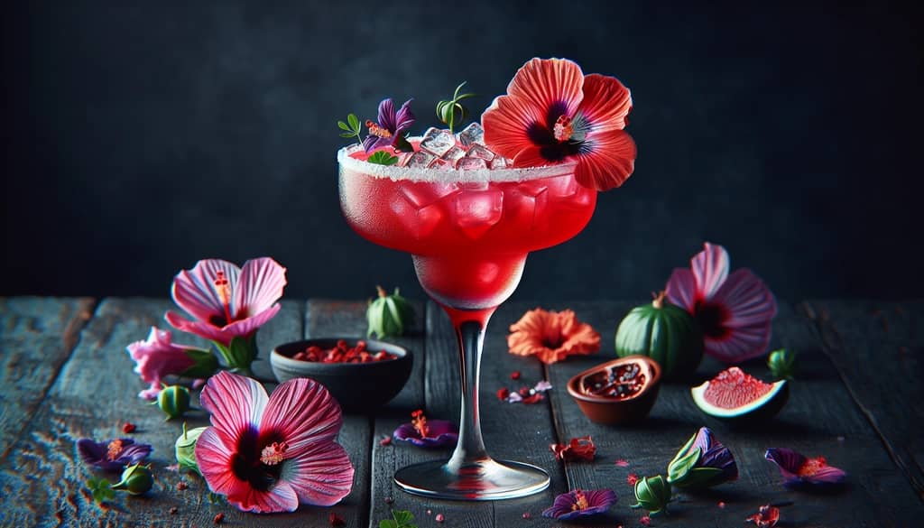 A vibrant Hibiscus Margarita cocktail highlighting its floral infusion in a stylish glass.