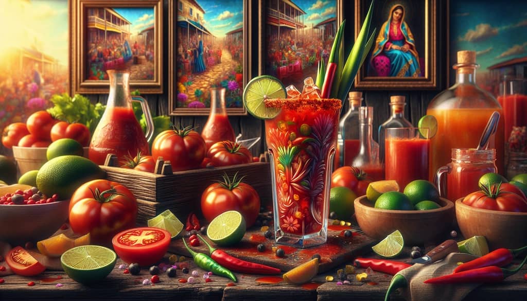 A vibrant illustration capturing the essence of the Bloody Maria cocktail, symbolizing both its rich history and modern appeal.