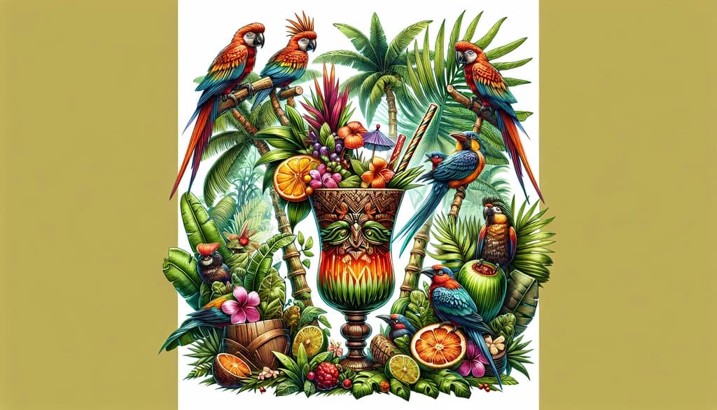 A vibrant illustration depicting the Jungle Bird cocktail surrounded by images of exotic jungle birds, capturing the essence of tiki culture.