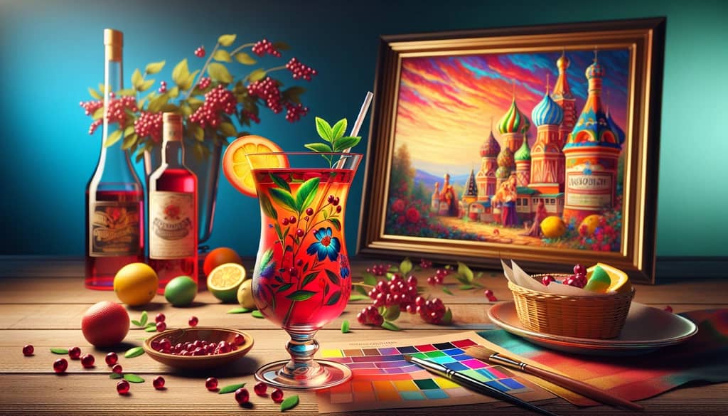 A vibrant illustration of a Russian Spring Punch cocktail, showcasing its rich colors and bold ingredients.