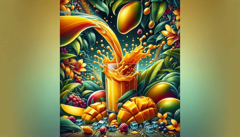 A vibrant illustration showing vitamin-rich mango juice pouring from a glass, emphasizing its nourishing properties.