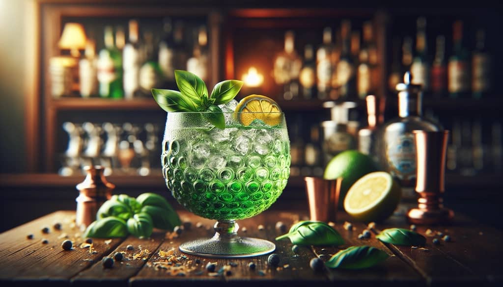 A vibrant image of a Gin Basil Smash, highlighting its fresh basil and lively green hue, symbolizing its origin at Le Lion in Hamburg.