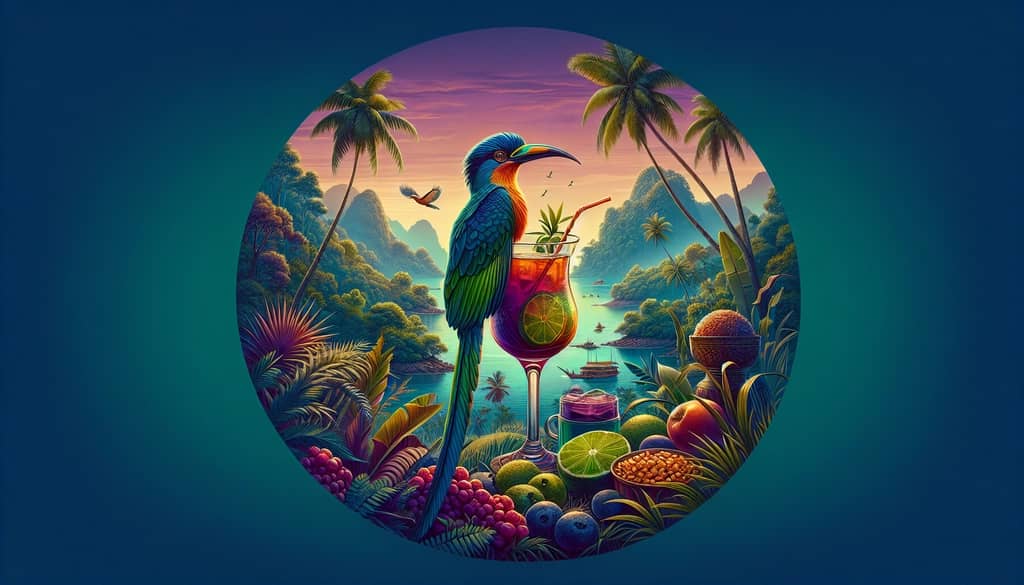 A vibrant Jungle Bird cocktail against a backdrop of Malaysian tropical scenery, echoing its cultural and historical essence