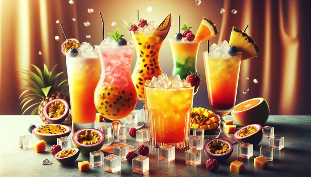 A vibrant lineup of summer cocktails featuring bright, tropical flavors and refreshing ice