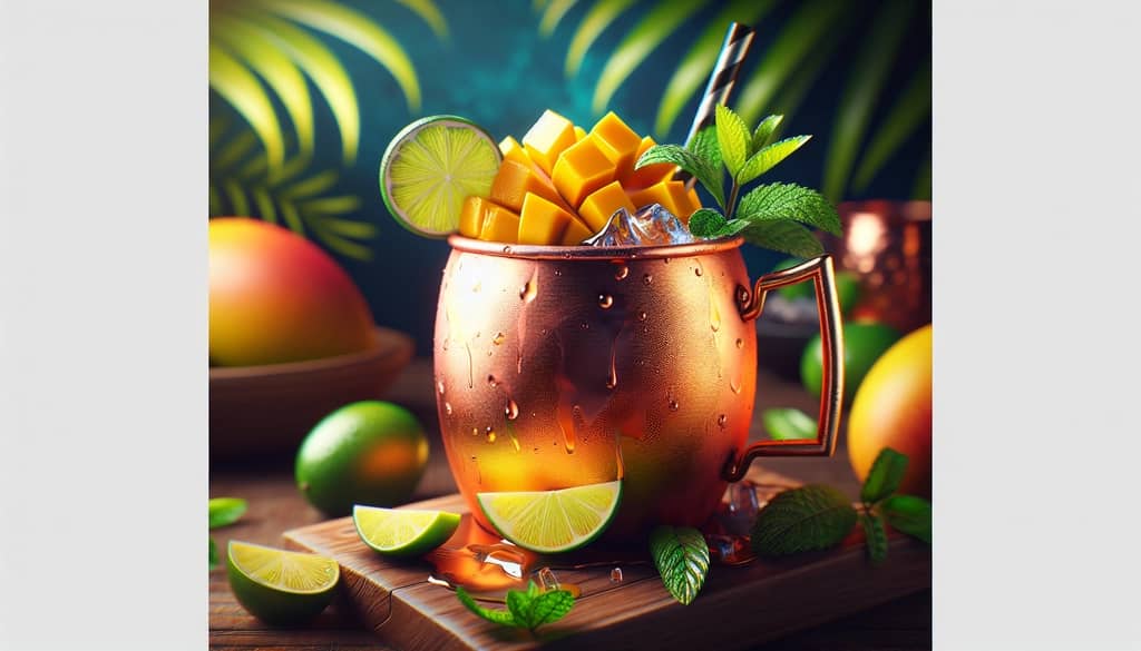 A vibrant Mango Moscow Mule in a copper mug, garnished with lime and mint, embodying a tropical twist on the classic cocktail.