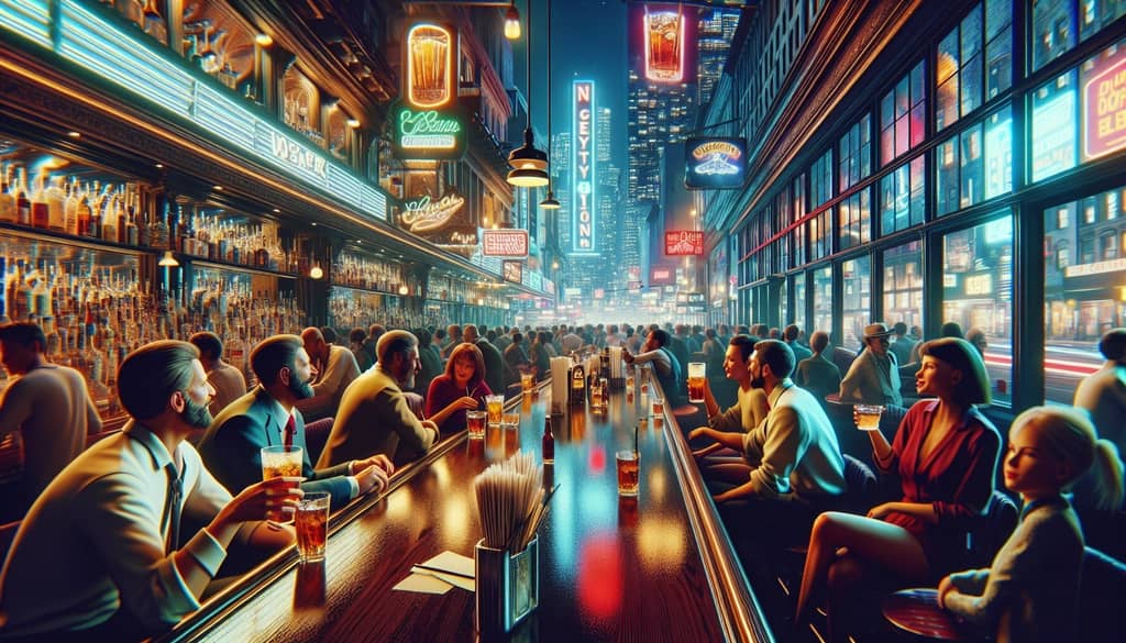 A vibrant New York City bar filled with patrons enjoying the Finnish Long Drink.