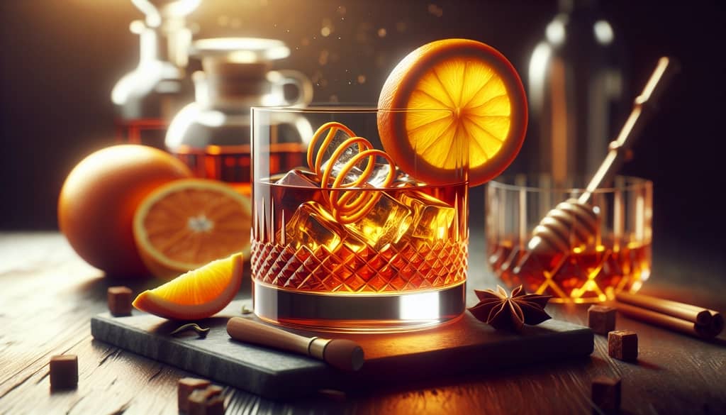 A vibrant Orange-Infused Bourbon Sazerac adorned with an orange twist for enhanced aroma.