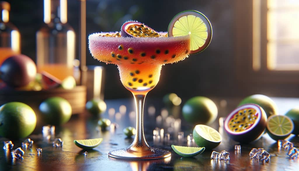 A vibrant passion fruit margarita garnished with a slice of lime and served in a classic glass