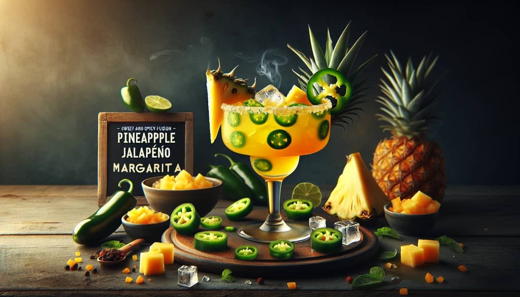 A vibrant Pineapple Jalapeño Margarita served on the rocks with fresh pineapple and jalapeño slices, embodying a sweet and spicy fusion.