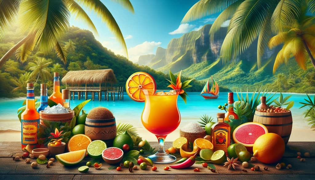 A vibrant Planter's Punch cocktail against a tropical backdrop, embodying the essence of Caribbean heritage