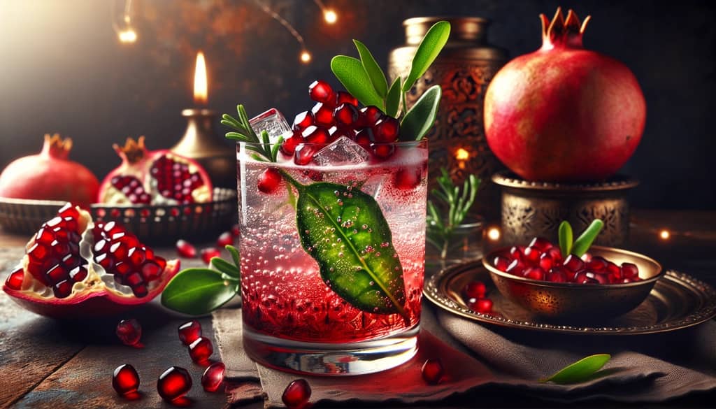 A vibrant Pomegranate Gin Fizz cocktail with botanical ingredients and a lively fizz
