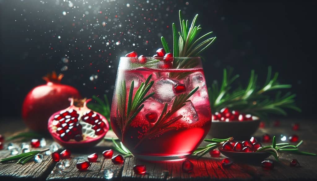 A vibrant Pomegranate Rosemary Gin Fizz cocktail garnished with fresh rosemary and pomegranate seeds