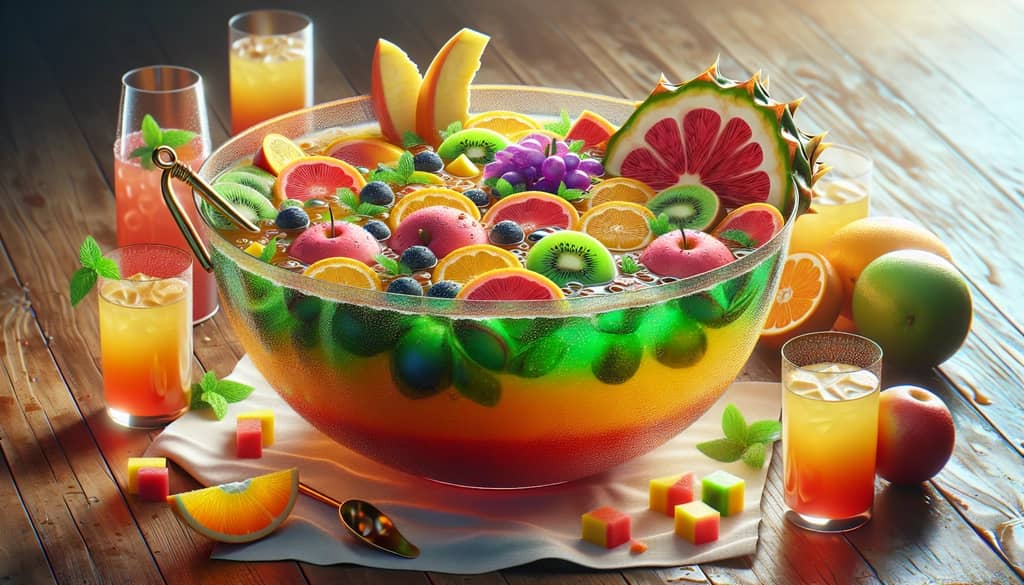 A vibrant punch bowl filled with a mix of tropical juices and fresh fruit slices for a virgin champagne punch