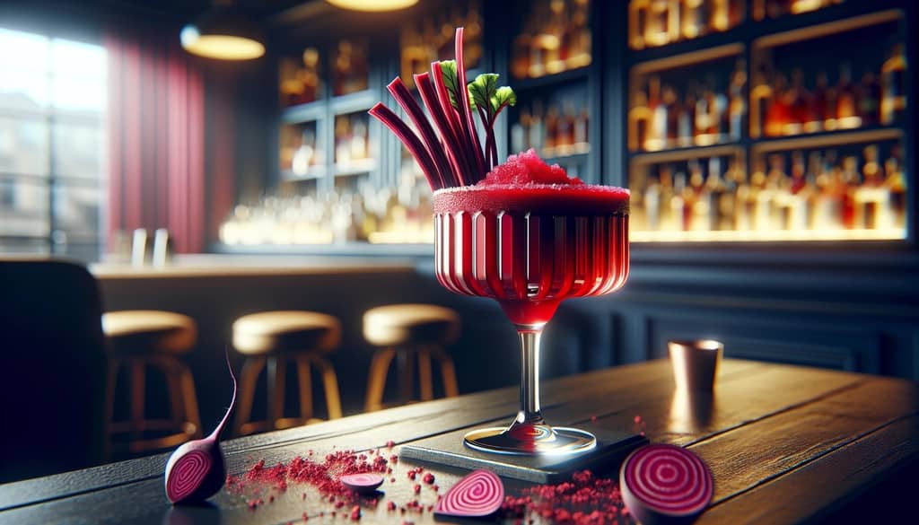 A vibrant red beet margarita served in a stylish glass, representing the signature drink at Proof on Main.