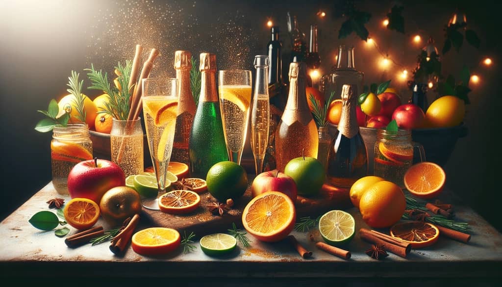 A vibrant selection of ingredients such as sparkling water, apple cider, and fresh citrus fruits for non-alcoholic holiday cocktails.