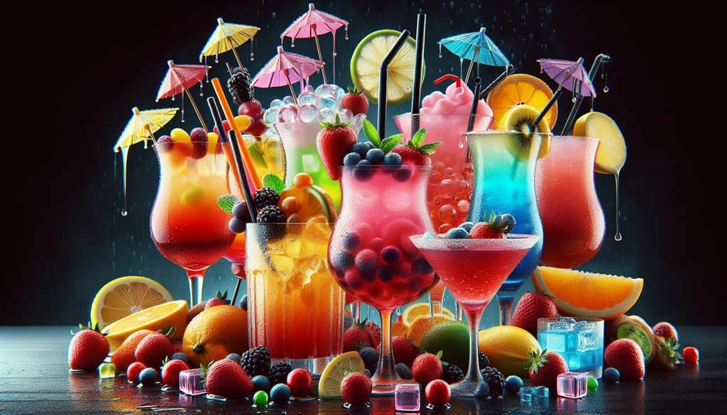 A vibrant selection of sweet cocktails featuring colorful fruit juices and syrups