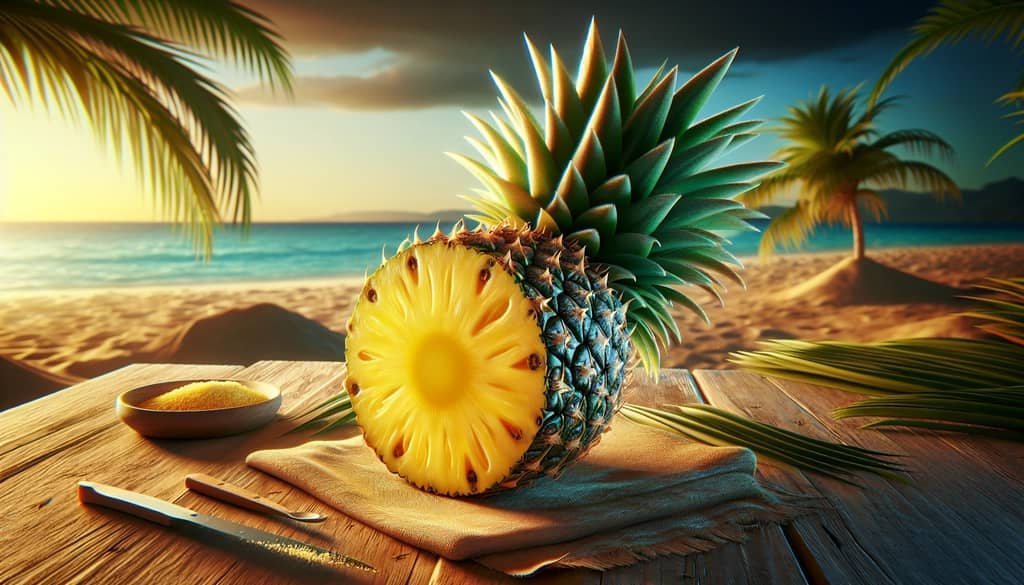 A vibrant slice of pineapple with its crown, representing the tropical fruit's health benefits.