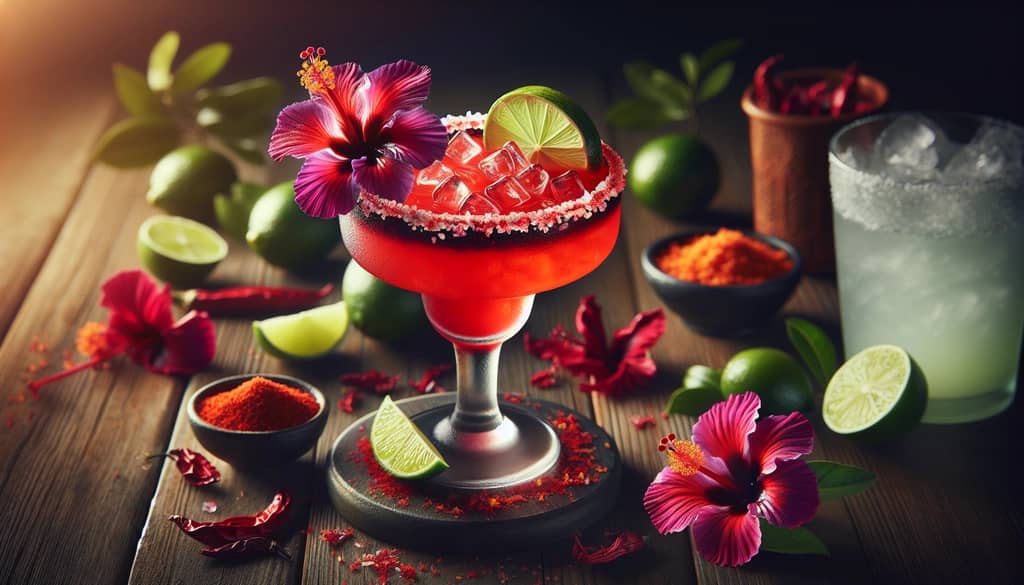 A vibrant Spicy Hibiscus Mezcal Margarita garnished with a hibiscus flower and lime wedge.