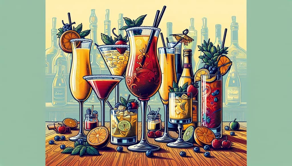 A vibrant spread of popular brunch cocktails, showcasing mimosas, bloody marys, and bellinis, ready to be enjoyed.