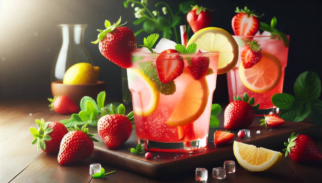 A vibrant strawberry lemonade vodka cocktail garnished with fresh strawberries and lemon slices, offering a refreshing summer drink.