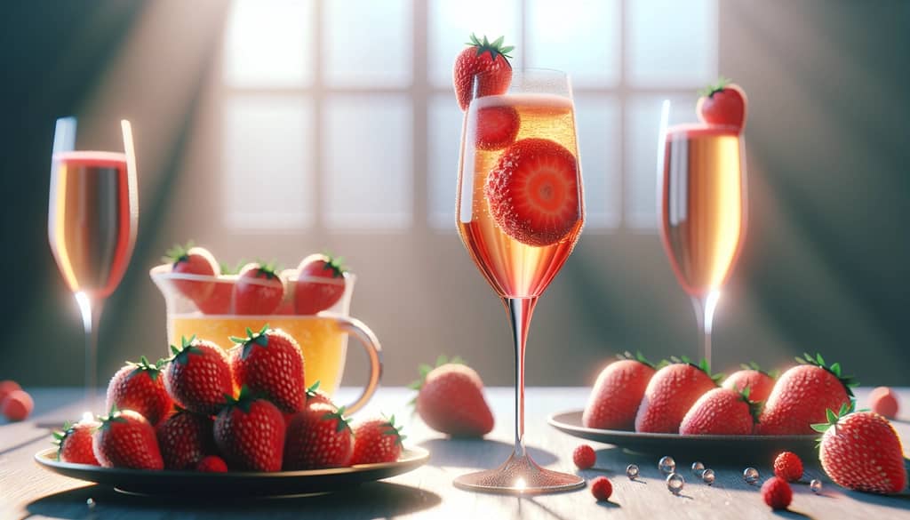 A vibrant Strawberry Mimosa with fresh strawberries and champagne, epitomizing a perfect brunch drink