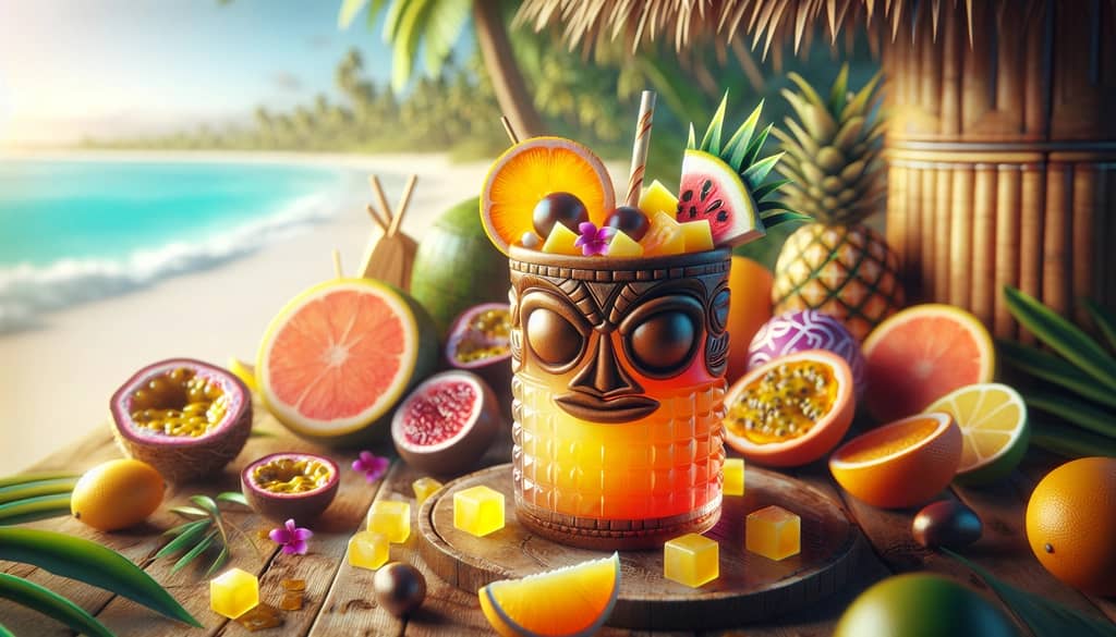 A vibrant Tropical Plane cocktail served in a tiki glass, adorned with tropical fruit slices.