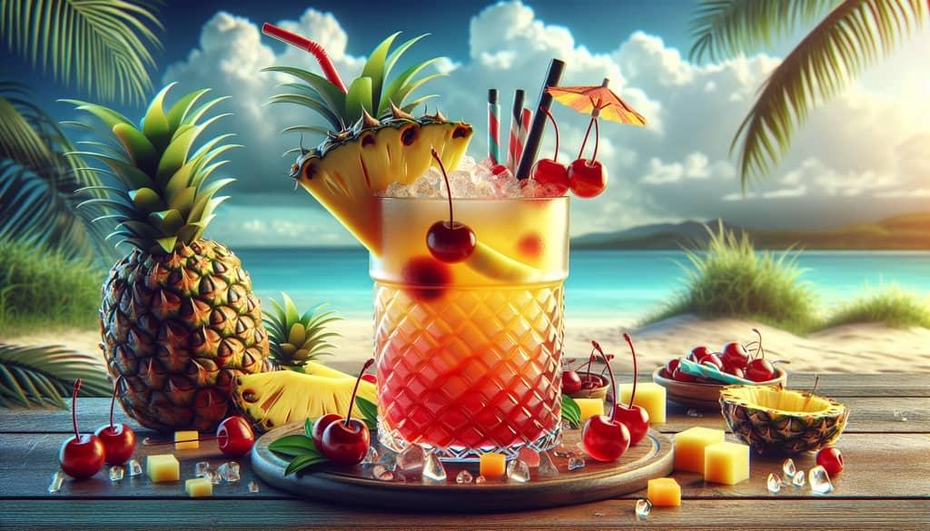 A vibrant Tropical Planter's Punch with fresh pineapple and cherry garnish, embodying a beachside vibe.