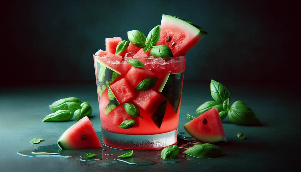 A vibrant Watermelon Smash cocktail served in a glass, featuring fresh watermelon and basil