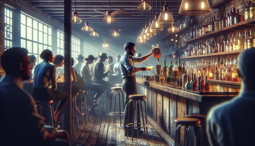 A vintage bar scene depicting the creation of a classic Brandy Manhattan cocktail.