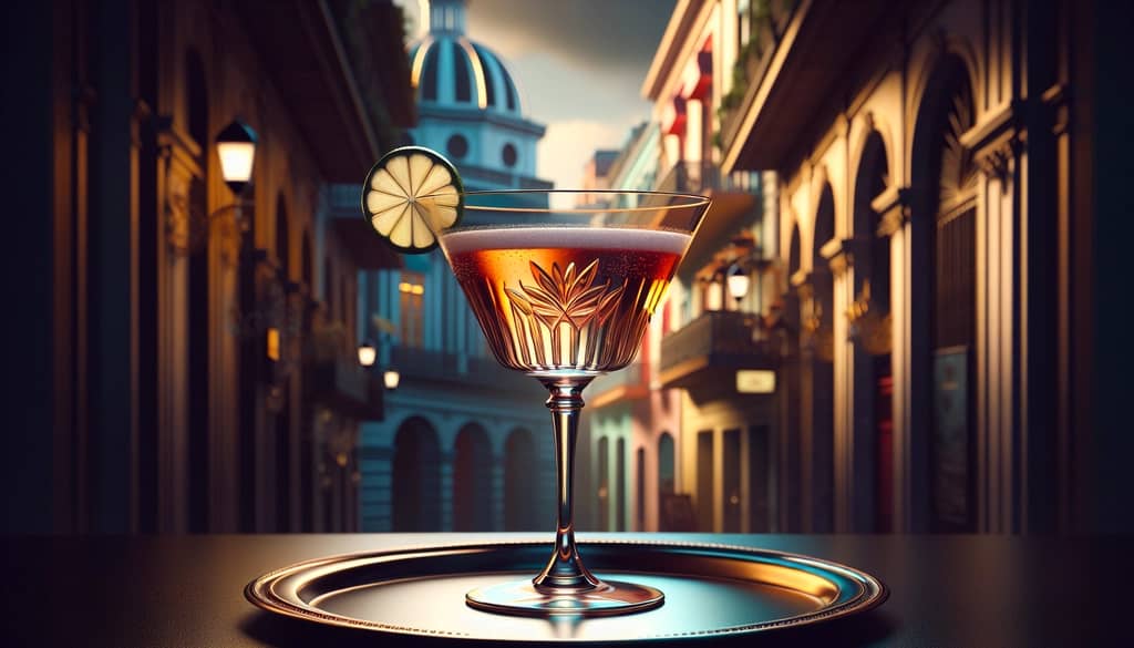 A vintage El Presidente cocktail elegantly presented in a classic martini glass, capturing the allure of 1920s Havana.