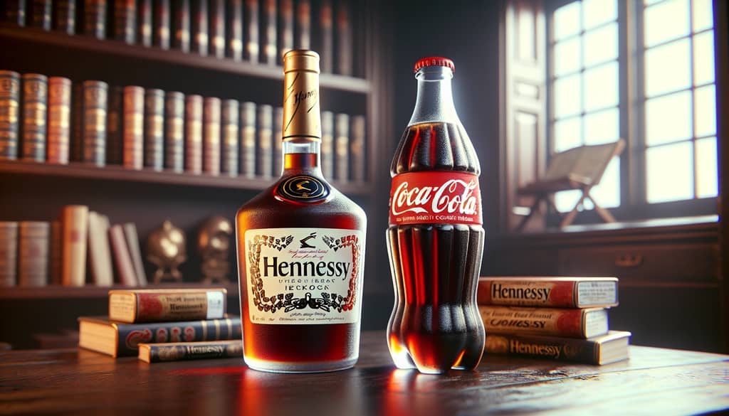 A vintage Hennessy bottle paired with a classic Coke, symbolizing the cocktail's rich history