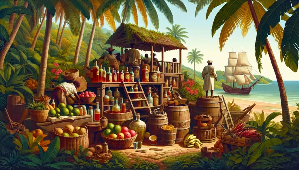 A vintage illustration depicting the origins of Planter's Punch, linking it to Jamaican plantation culture