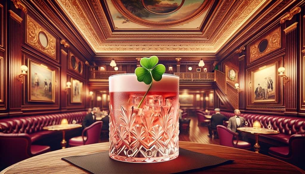 A vintage illustration of a Clover Club cocktail set against the backdrop of a gentlemen's club, symbolizing its storied history and elegance.