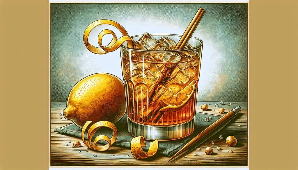 A vintage illustration of a Horse's Neck cocktail with ginger ale and a long spiraling lemon peel