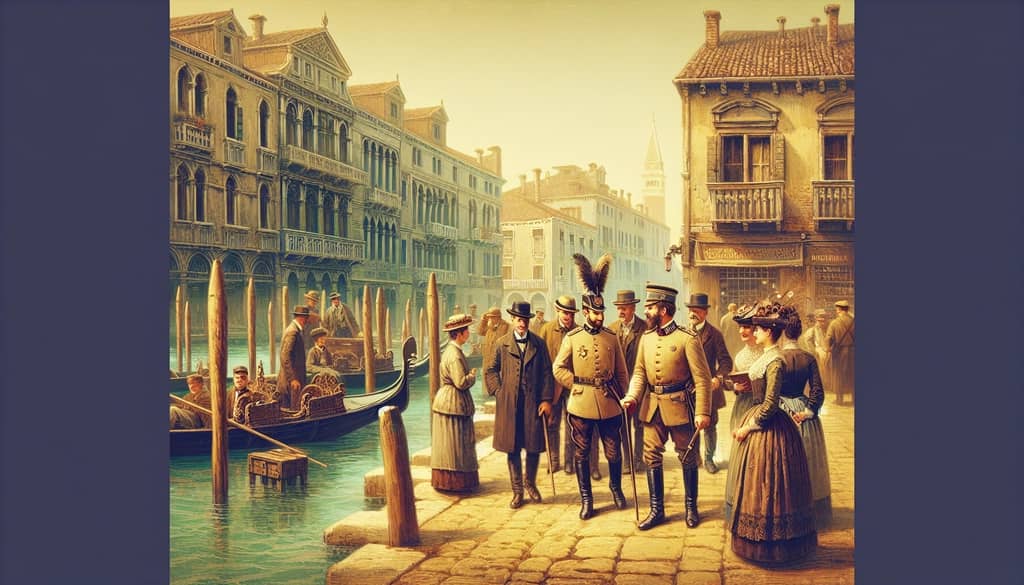 A vintage illustration of Austrian soldiers in Venice, depicting the origins of the Spritz Veneziano cocktail in the 19th century.