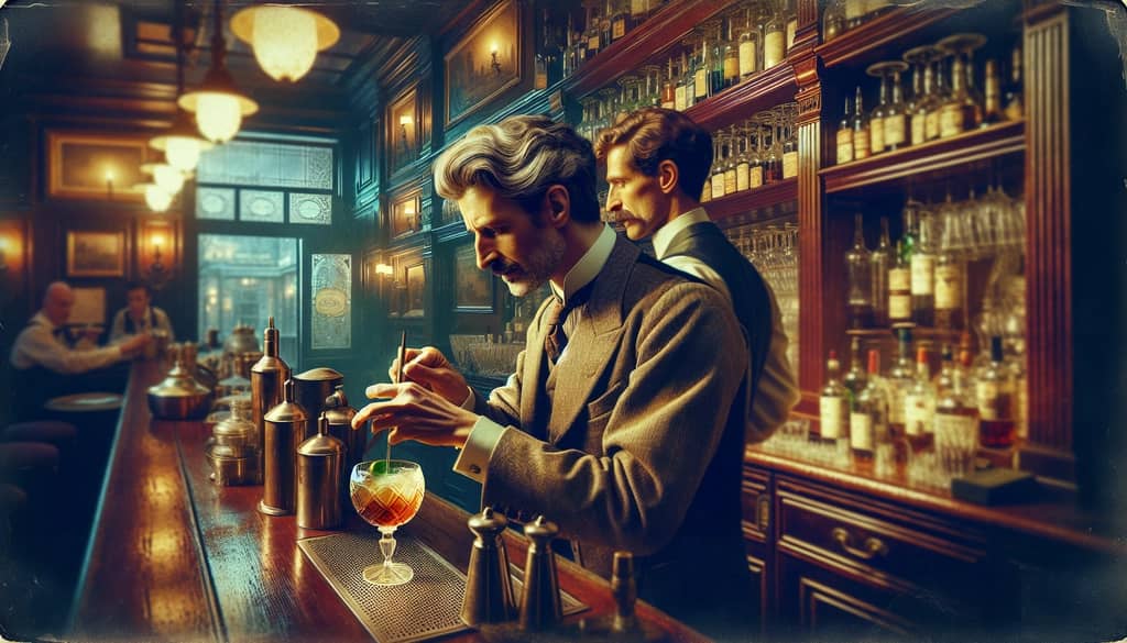 A vintage illustration of Harry MacElhone crafting the Monkey Gland cocktail at Harry's New York Bar in Paris.