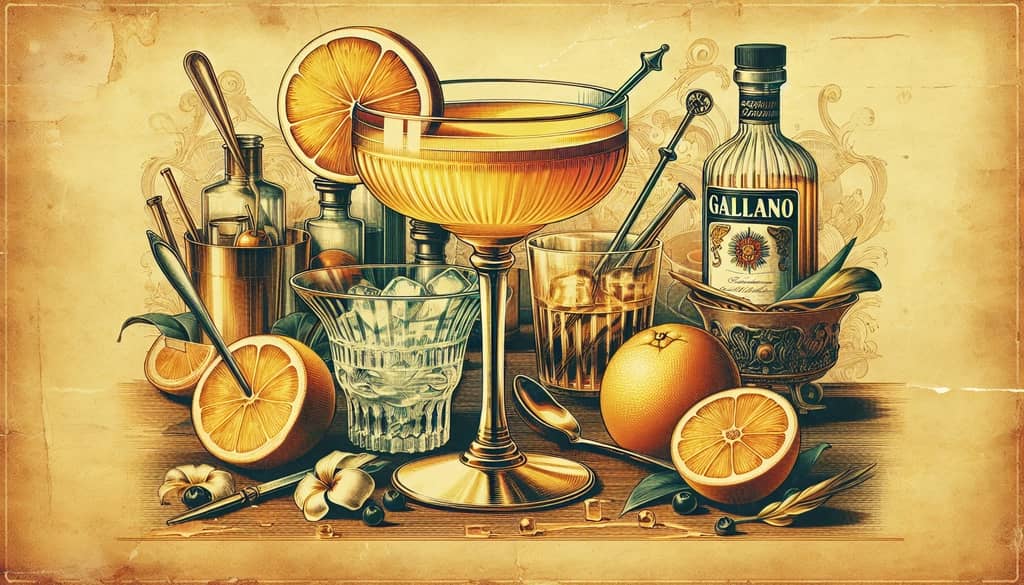 A vintage illustration of the Golden Dream cocktail, capturing its historical and cultural significance.