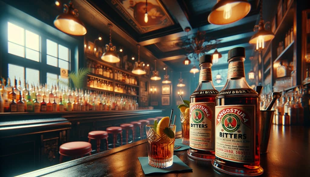 A vintage-inspired bar scene with bottles of Angostura bitters prominently displayed, reflecting the historical origins of the Trinidad Sour cocktail.