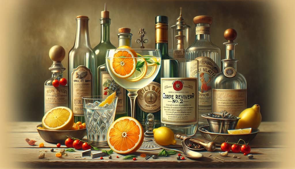 A vintage-inspired illustration of the Corpse Reviver No. 2 cocktail showcasing its classic ingredients and allure.