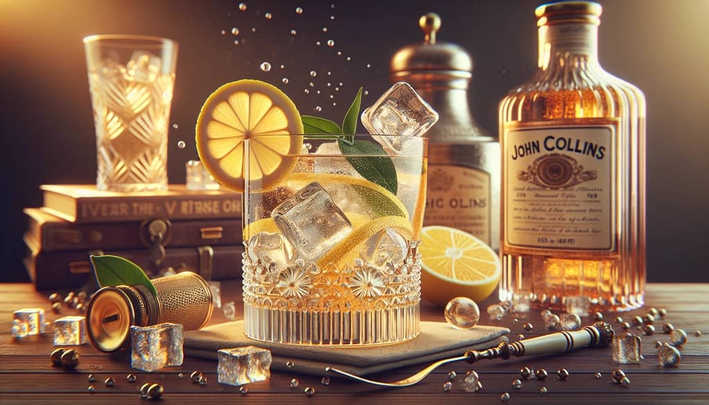 A vintage-inspired illustration of the John Collins cocktail, highlighting its historical essence and refreshing appeal.