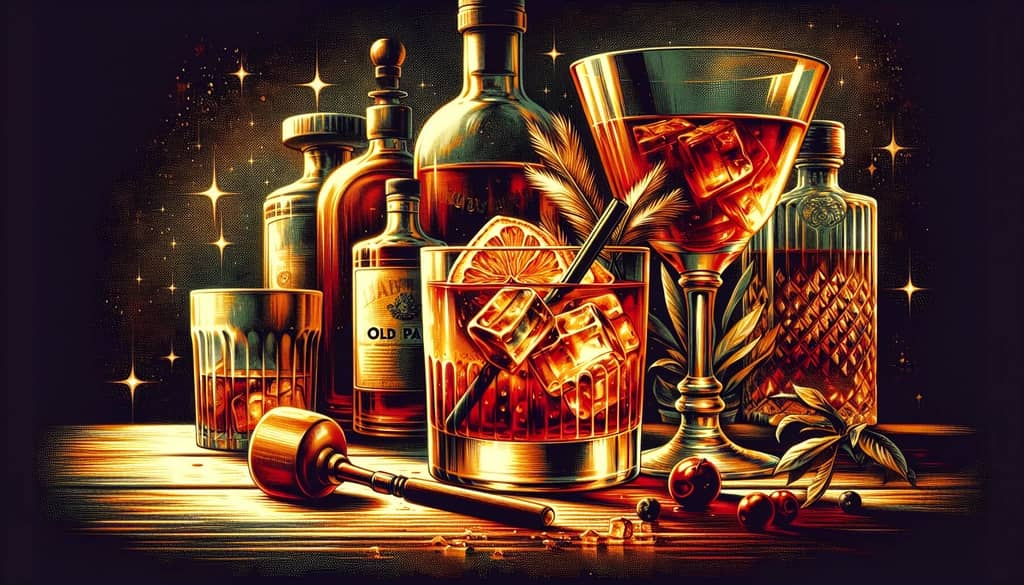 A vintage-inspired illustration showcasing the classic Old Pal cocktail with its distinct golden-red hue.