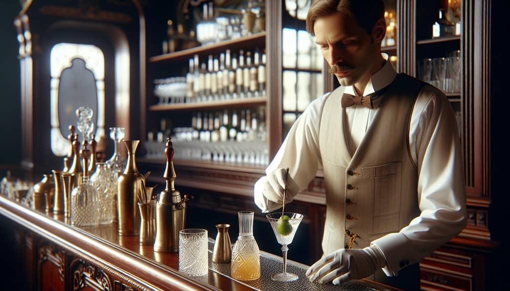 A vintage mixologist crafting a French Gimlet, reflecting its historical roots