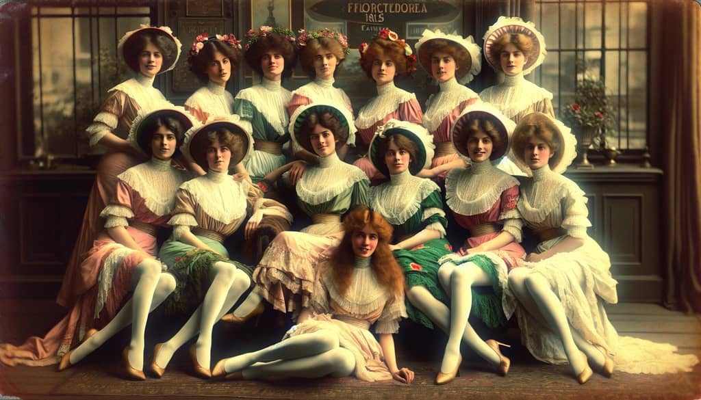A vintage photograph of the Florodora Girls, symbolizing the inspiration behind the Floradora cocktail's origins
