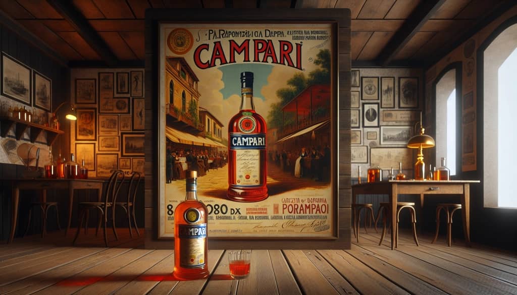 A vintage poster showcasing Campari bottle with its distinct branding from the 1860s