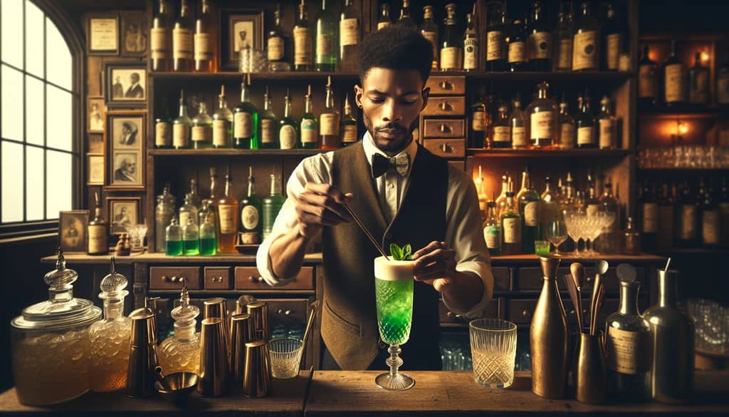 A vintage-style illustration of a bartender mixing a Southside Fizz cocktail, symbolizing its rich history and classic appeal.